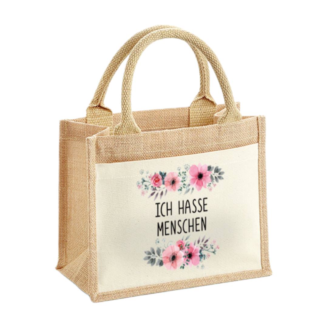 Jutetasche - Ich hasse Menschen - blumig