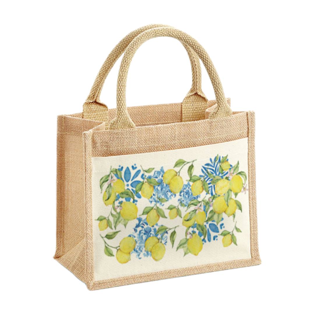 Jutetasche - Mediterranes Zitronen Motiv (blau)