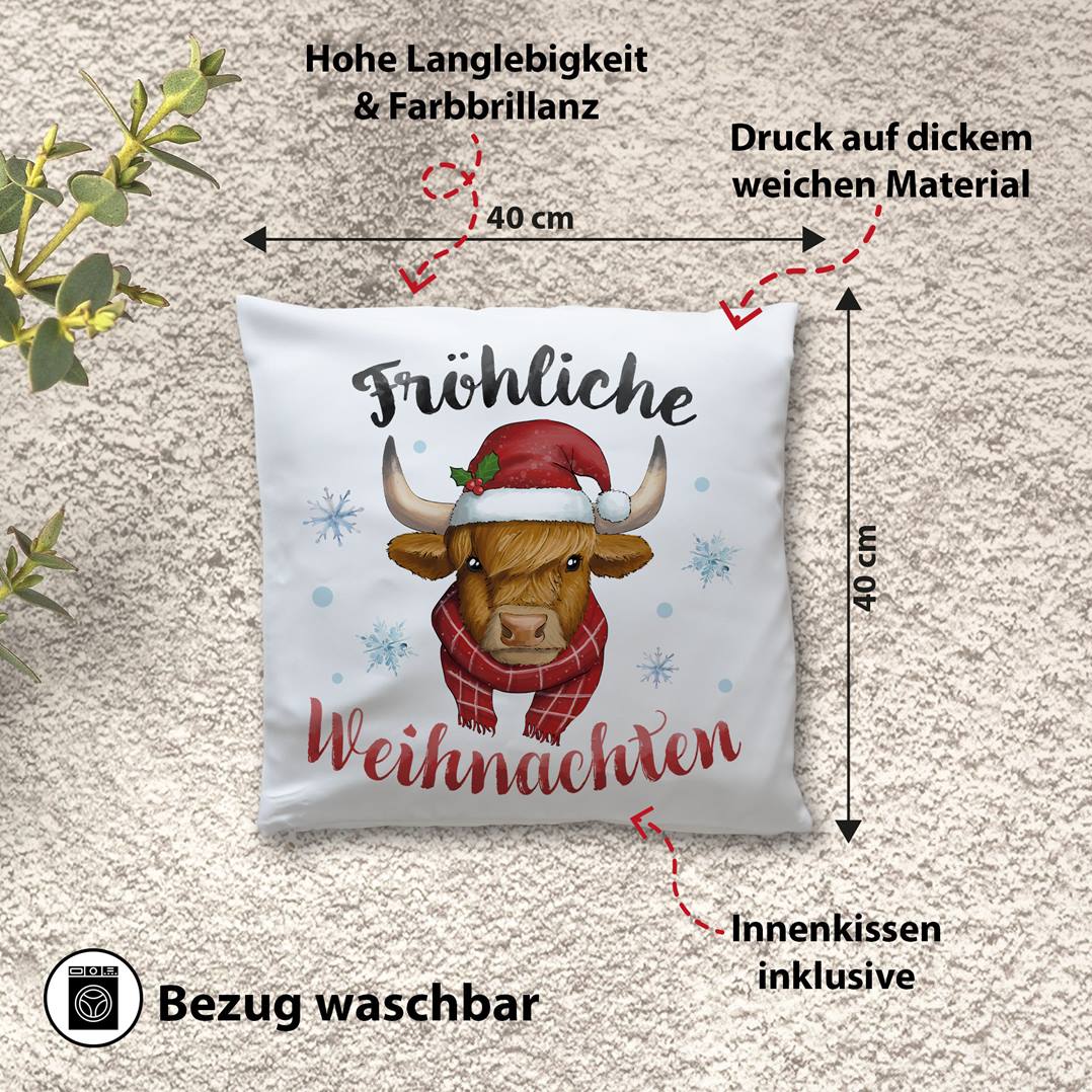 Kissen - Fröhliche Weihnachten (Schottisches Hochlandrind)