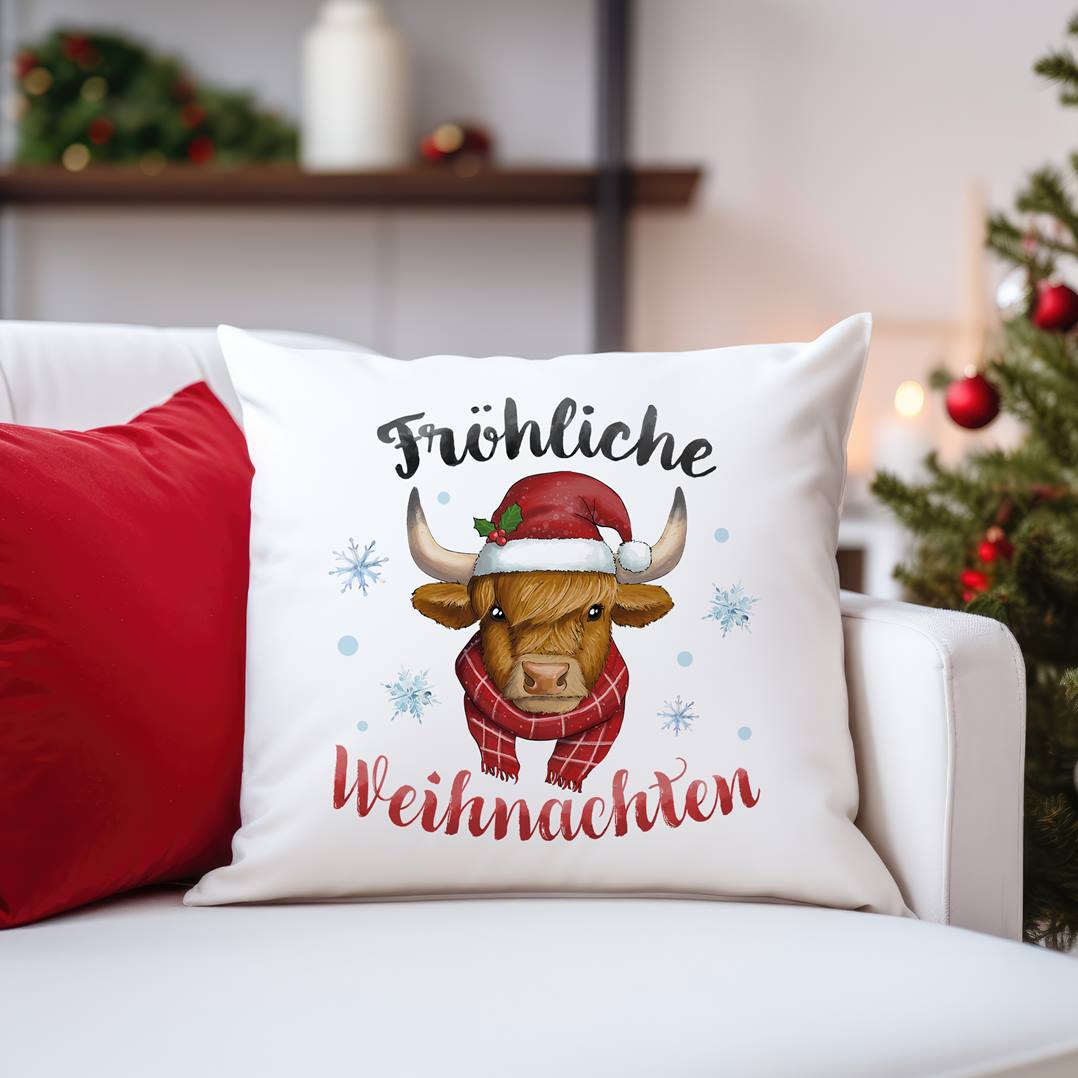 Kissen - Fröhliche Weihnachten (Schottisches Hochlandrind)