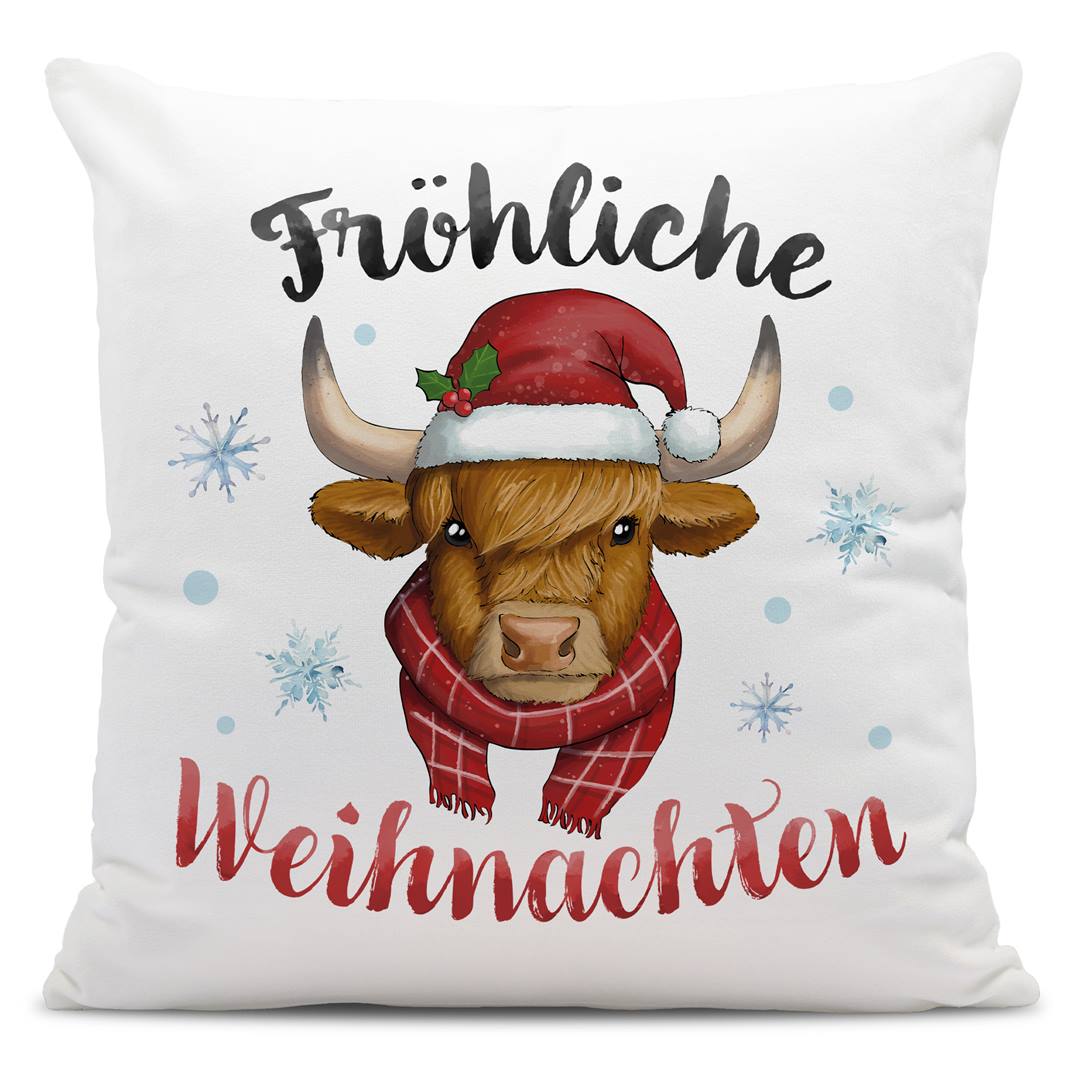 Kissen - Fröhliche Weihnachten (Schottisches Hochlandrind)