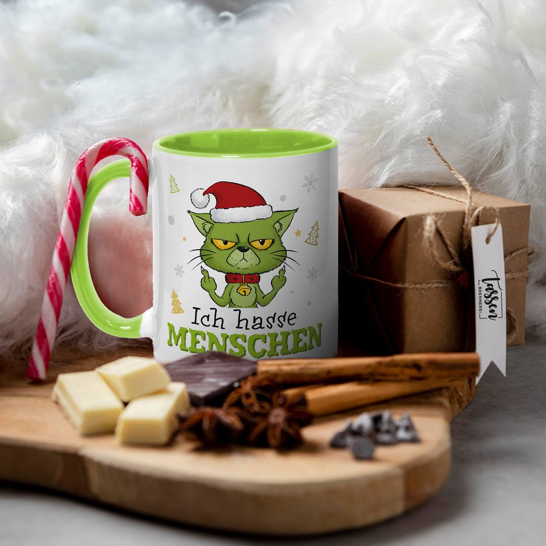 Tasse - Grinch Katze - Ich hasse Menschen (Mittelfinger)