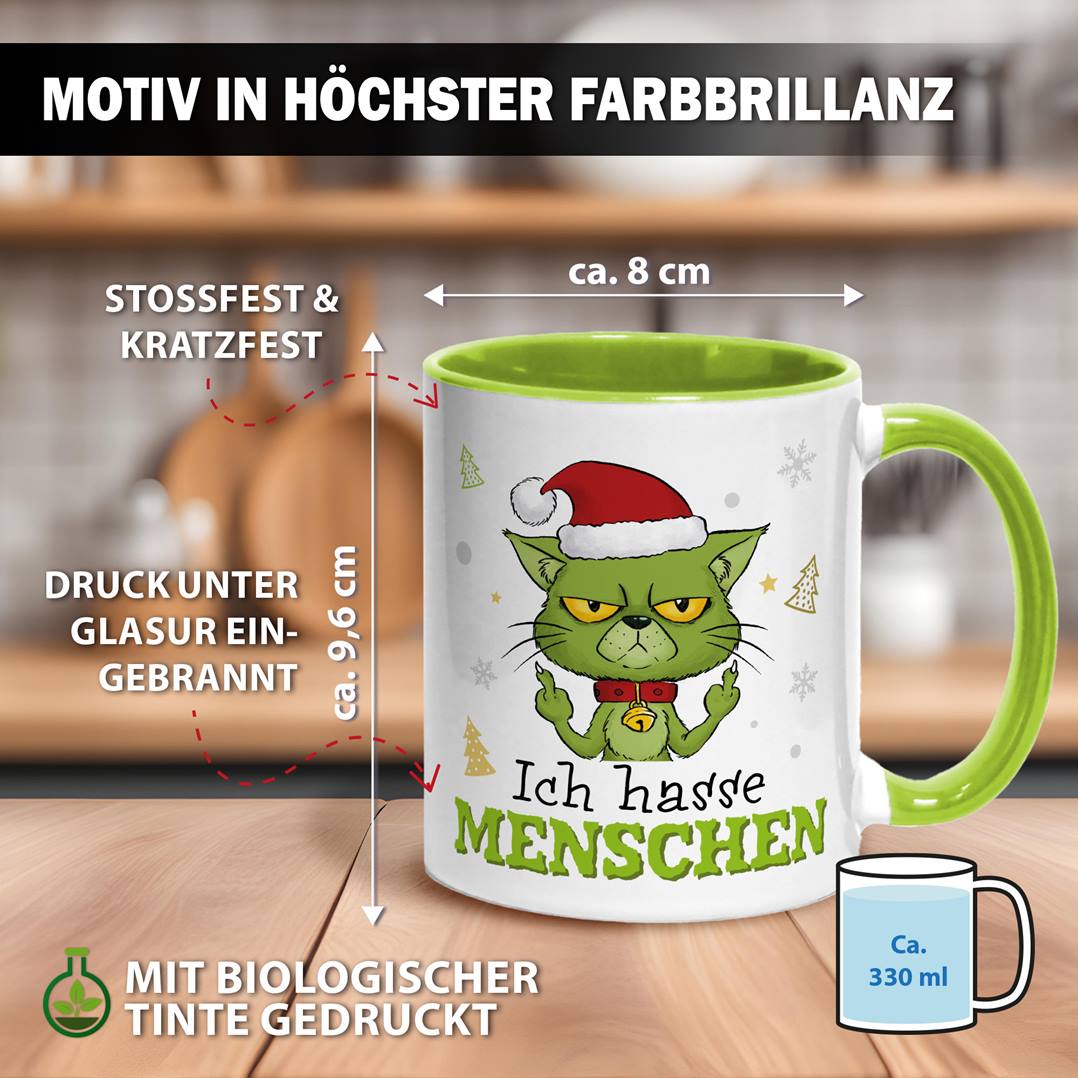 Tasse - Grinch Katze - Ich hasse Menschen (Mittelfinger)