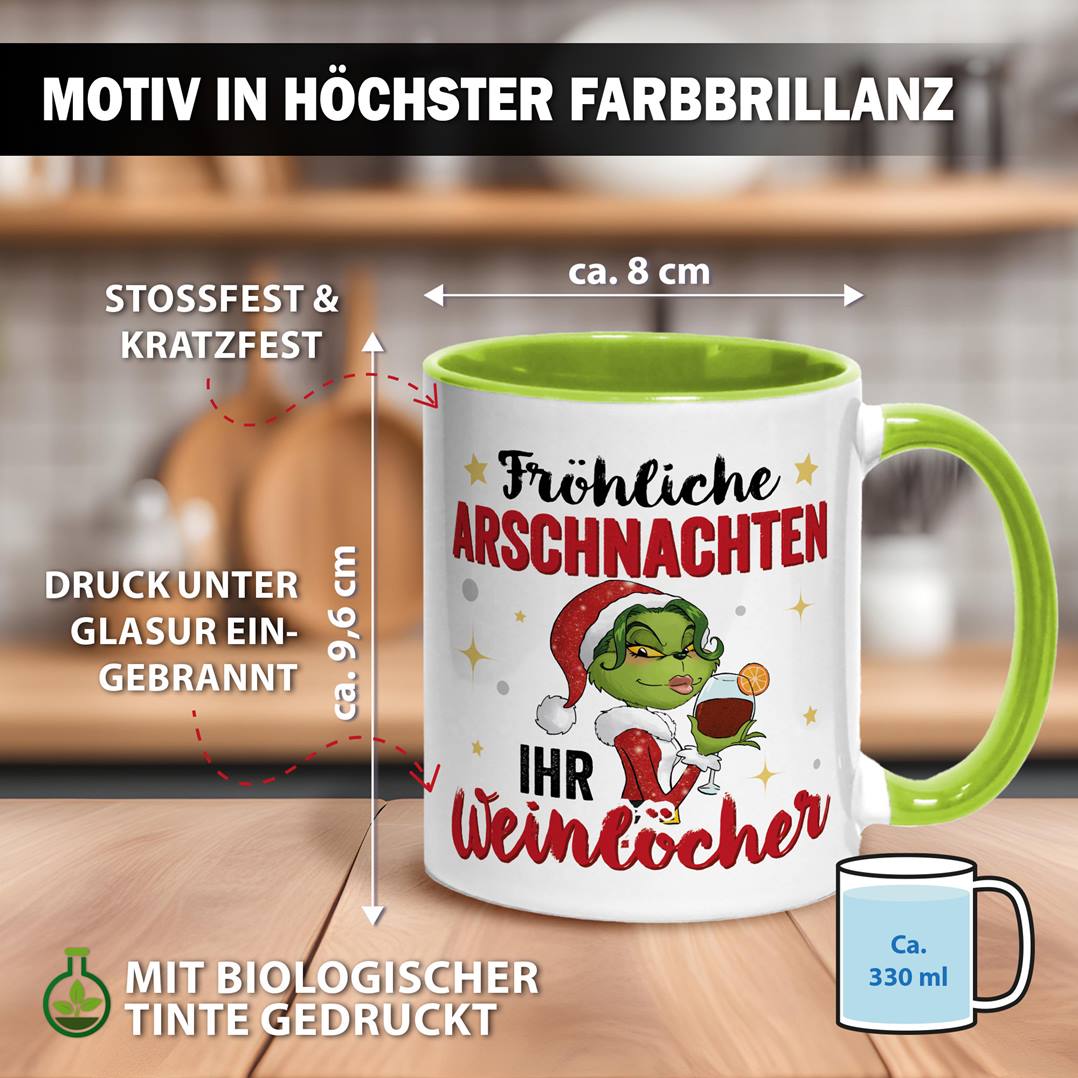 Tasse - Miss Grinch - Fröhliche Arschnachten, ihr Weinlöcher!